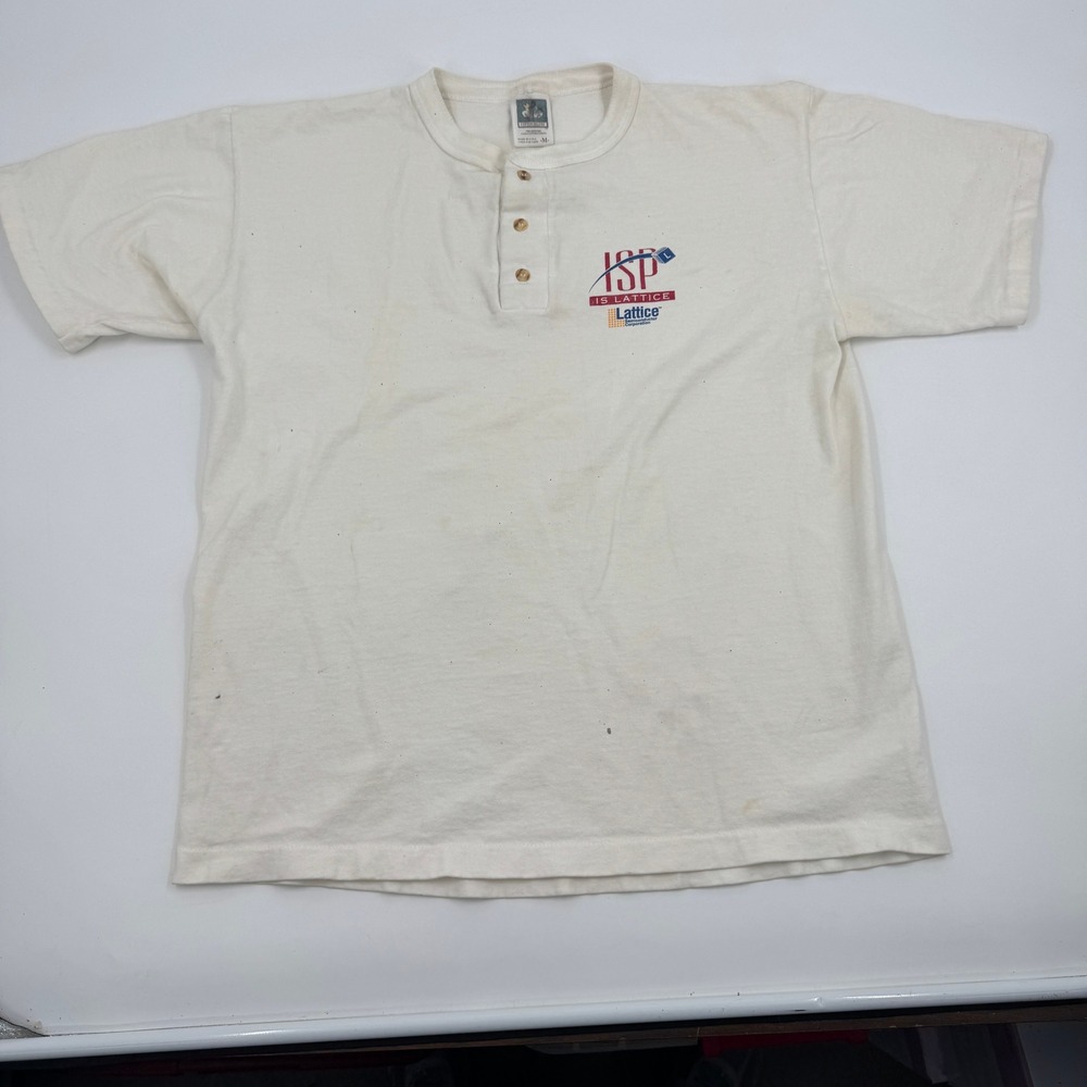 Cotton Deluxe Henley T-Shirt Mens Medium Cream Lattice Semiconductor Vintage USA